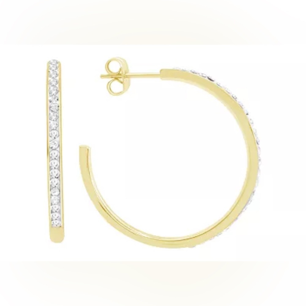 NWT And Now This High Polished Clear Crystal Duo C Hoop Earring Pair, Gold Plate